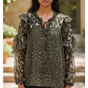 WONDERLY WOMEN OLIVE CAMO GREEN LEOPARD PRINT BLOUSE SIZE 3X EUC